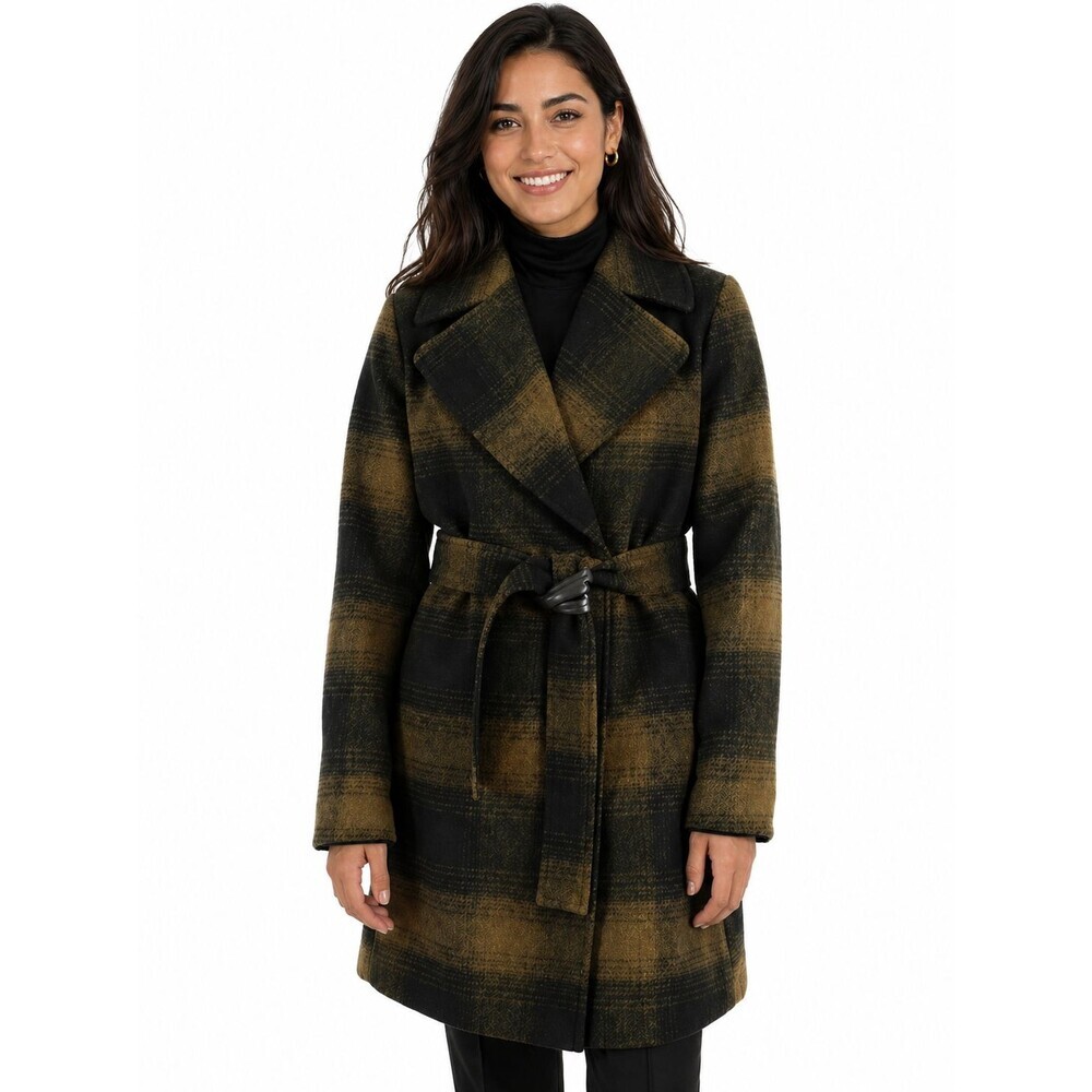 Frye Womens Wrap Coat Plaid Belted Pockets Wool Blend Outerwear XS, S, M, L, XL